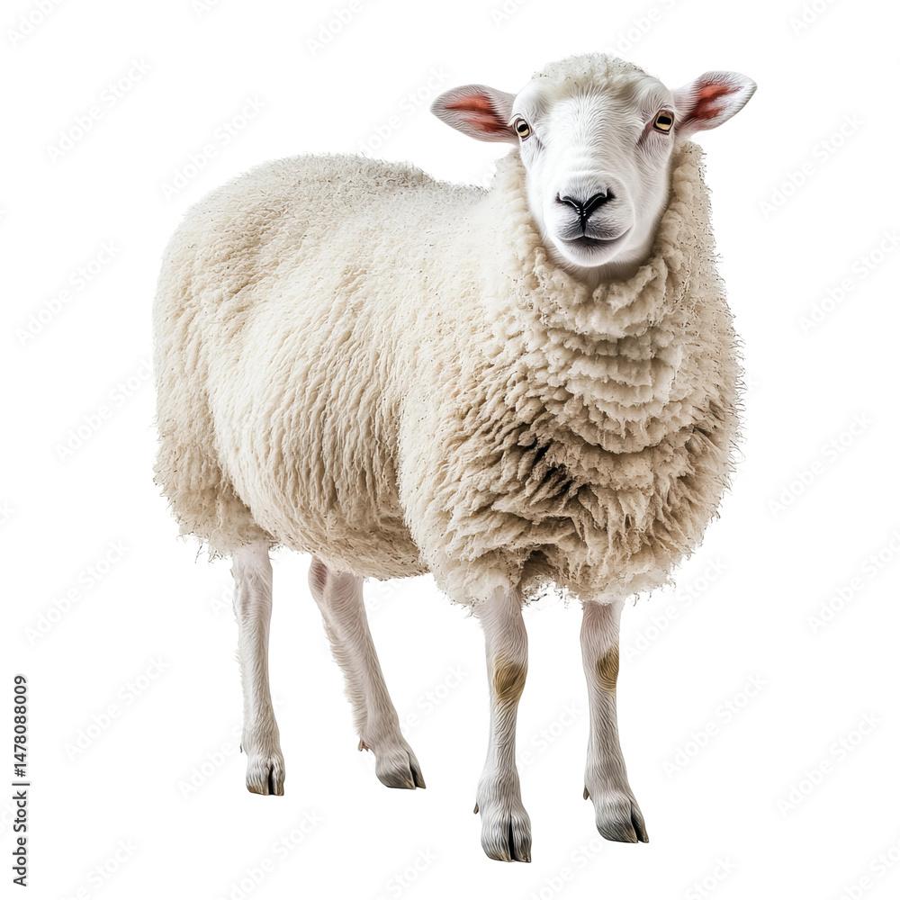 A majestic sheep with its pristine white wool, embodies rustic simplicity, standing alert in full view, a symbol of farm life. A majestic sheep with its pristine white wool, embodies rustic simplicity, standing alert in full view, a symbol of farm life.