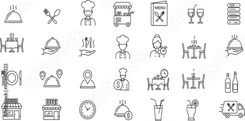 Catering line Editable Icons set. Vector illustration in modern thin line style of nourishment related icons: service, dish, table setting, and more.