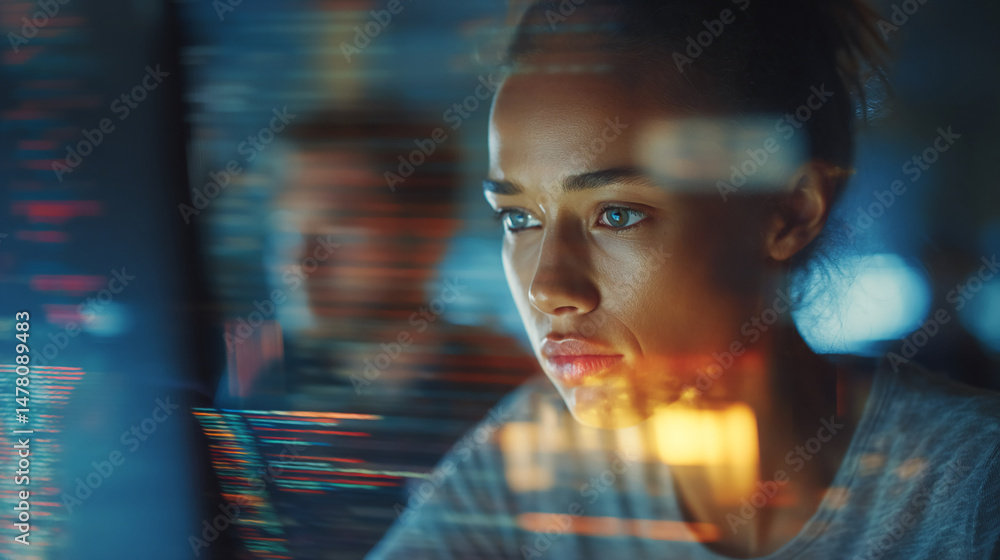 Close-up of a woman's face, partially obscured by screen reflections, conveying focus and concentration during late-night work, symbolizing dedication and modern technology Close-up of a woman's face, partially obscured by screen reflections, conveying focus and concentration during late-night work, symbolizing dedication and modern technology