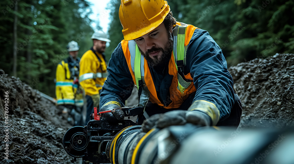 Obraz premium Construction Worker Operating Machinery in Forest