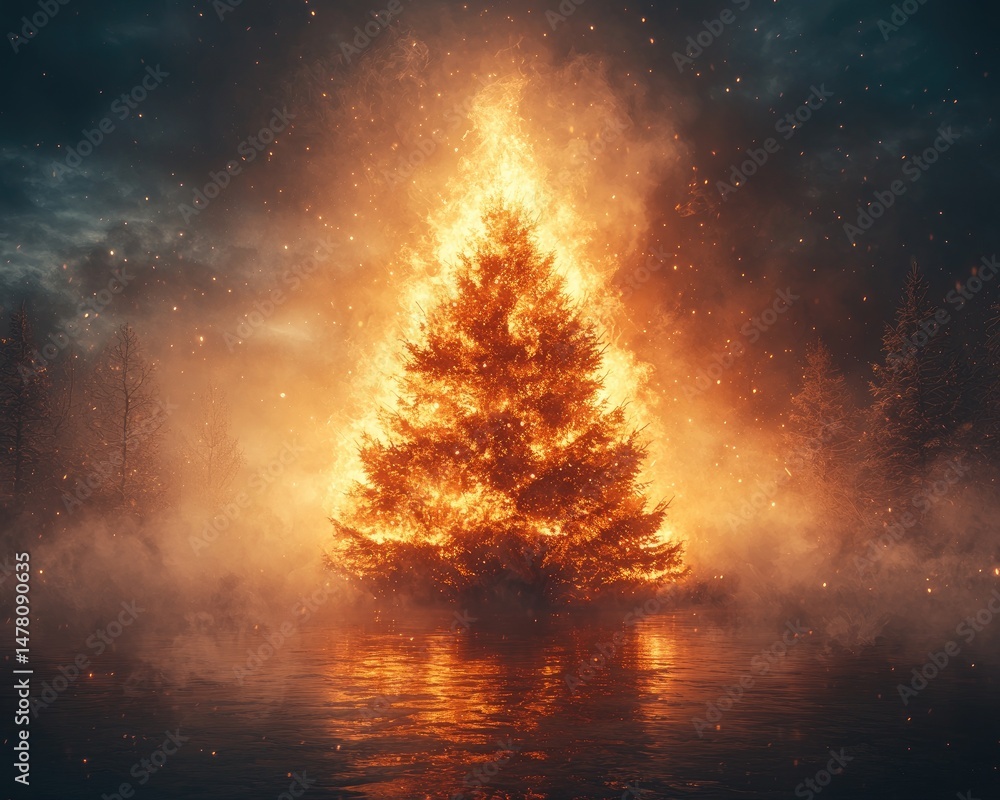 Naklejka premium Fiery Christmas Tree Illuminating a Misty Lake at Dusk with Smoky Background