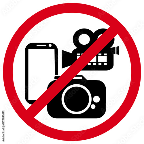 Red Prohibition Sign: Crossed-Out Symbols of Camera, Video Camera & Smartphone