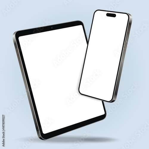 Smartphone with tablet mockup with blank screens while levitating in the air on a blue background