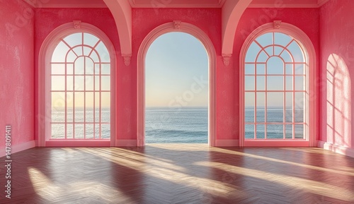 Empty pink room with ocean views through large arched windows.