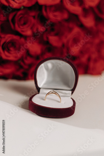 Obraz na płótnie Imagine a stunning gold ring in a red velvet box with fragrant roses. This beautiful presentation is perfect for proposals and romantic gifts, creating cherished memories for special occasions w salonie