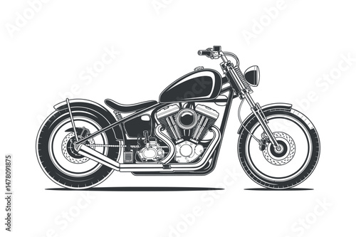 Classic Vintage Chopper Motorcycle Illustration Black and White Design