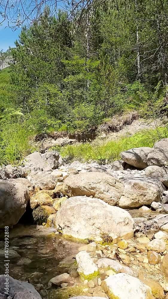 Narrow rocky canyon with a shallow stream flowing through, surrounded by steep, weathered cliff walls, capturing natural erosion and adventure in a dramatic, sunlit landscape Narrow rocky canyon with a shallow stream flowing through, surrounded by steep, weathered cliff walls, capturing natural erosion and adventure in a dramatic, sunlit landscape