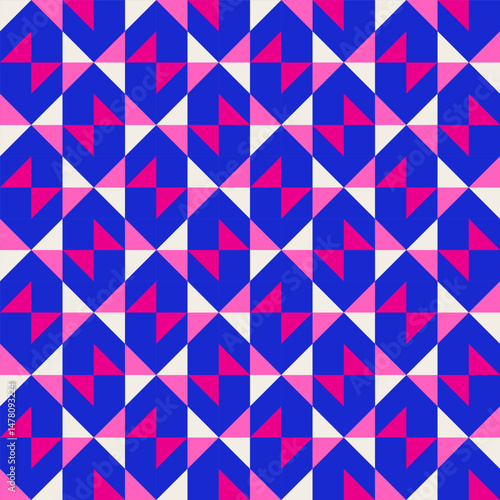 Bright bold vibrant abstract geometric quilt seamless vector pattern, color block. High contrast geometric colorful patchwork background. Pink fuchsia magenta and indigo cobalt blue color combination