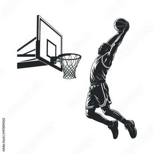 Powerful Silhouette of a Basketball Player Executing a Dynamic Dunk Shot Towards the Hoop