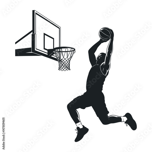 Silhouette of a basketball player performing a powerful dunk towards the hoop