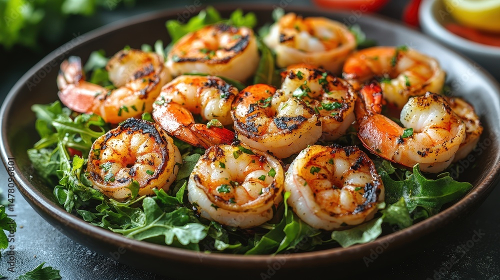 Grilled shrimp salad on a dark plate. Grilled shrimp salad on a dark plate.