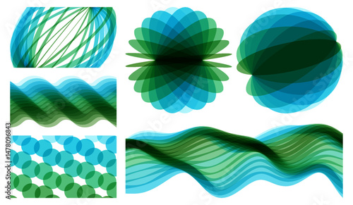 Abstract wavy geometrical background. Set of spheres. 3d vector elements made of various overlapping elements. Cover design template. Illustration for brochure, banner, flyer or presentation.