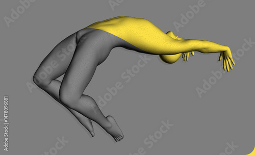A man does a somersault. Gymnast. Sports symbol for a dance class. Model of a man in stipple style with body colour separation effect into two parts: black and gold. 3D vector for design.
