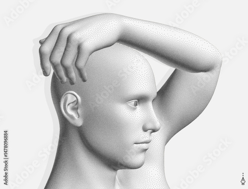 Illustration of embarrassed young guy with hand behind head. Man in relaxed position. 3D vector for brochure, poster, presentation, flyer or banner.