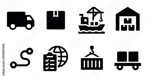 Shipping and logistics icons set, solid style, includes transport, delivery, professional, ui design