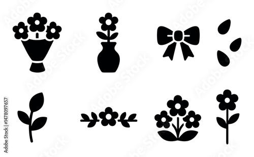 Floral icons set, silhouette style with elegant, minimalist design for web and app ui
