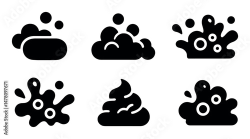 Black and white soap and foam icons with suds and bubbles