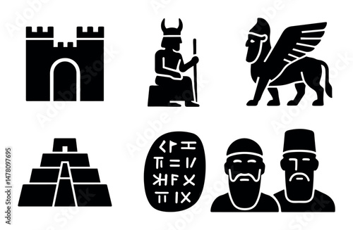 Ancient symbols: castles, deities, winged creatures, ziggurats, inscriptions, faces