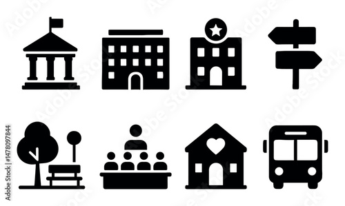 Government buildings icons set, solid style, administrative, public, modern design for web