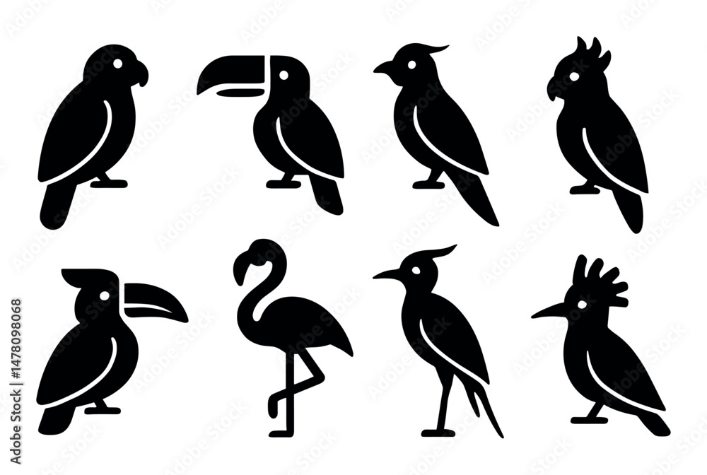 Obraz premium Silhouette icons of exotic birds including parrots, toucan, flamingo, and cockatoo