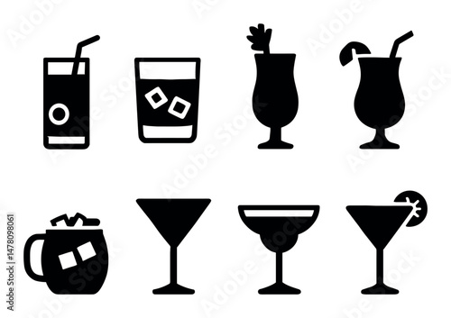 Cocktail drinks icons set, solid style, beverages, elegant, perfect for app or web ui