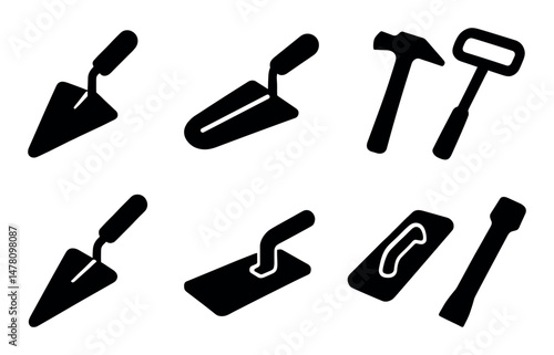 Construction tools icons set, silhouette style, includes masonry tools, black elements for web apps