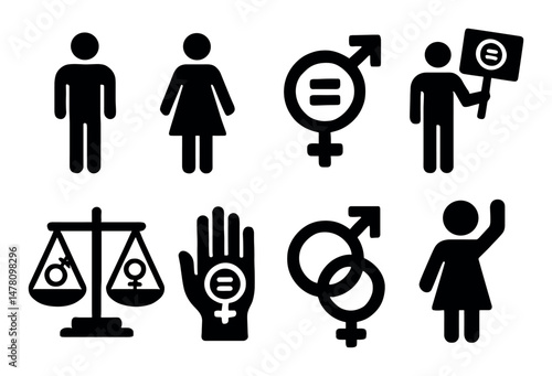 Gender equality icons set, solid style, featuring diverse symbols, professional and modern for web ui
