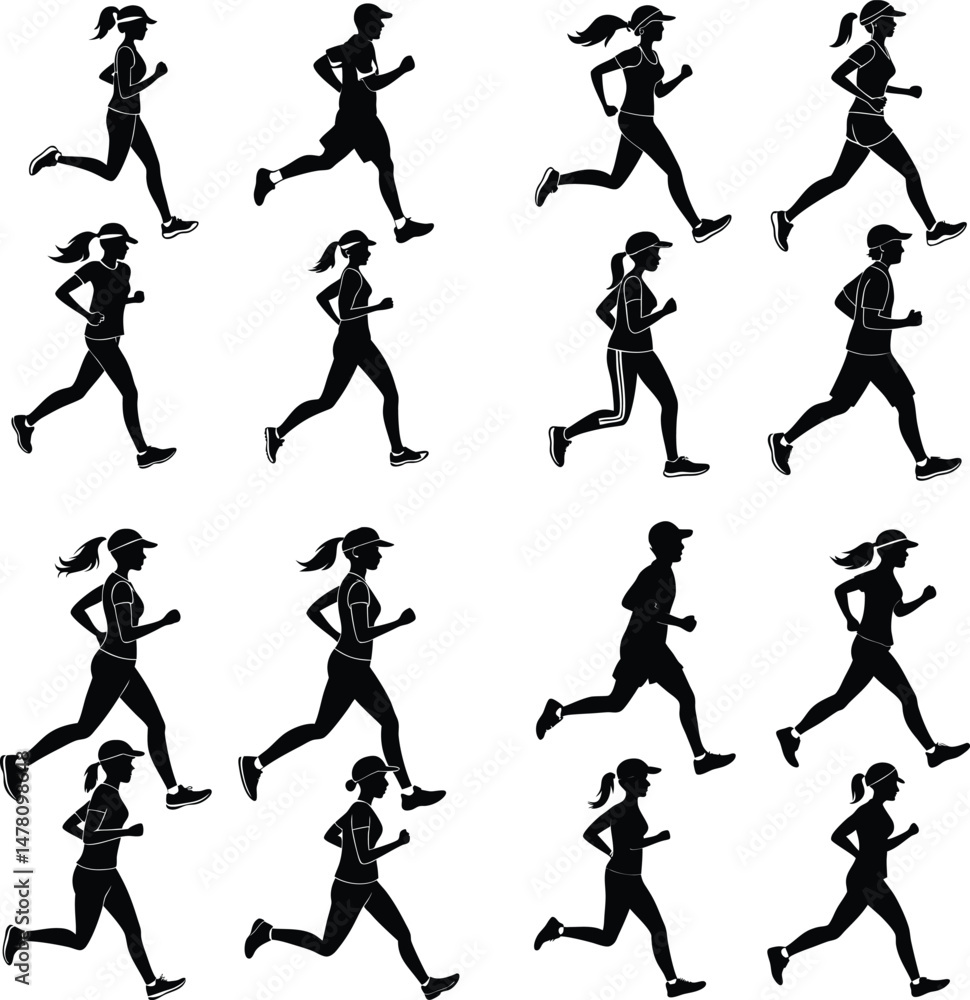 Silhouettes of people running in various styles Silhouettes of people running in various styles