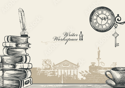 Vector banner on a writers theme with sketches and place for text. Writer workspace. Vintage illustration with hand-drawn books, vintage architecture and cup of coffee or tea. No AI used