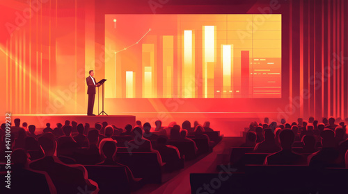 Stylized scene of a business speaker on stage addressing an audience with illuminated bar charts showing financial growth and strategy.