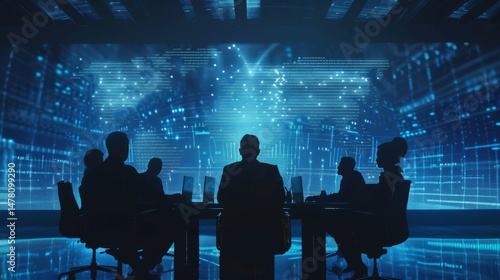 Corporate team strategizing in a collaborative meeting with digital technology tools for advanced marketing data analysis and informed investment decision-making in a modern business environment 