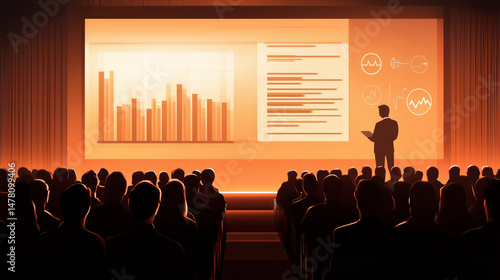 Illustrated business setting with presenter showing charts and data to a seated audience in a professional, technology-driven environment.