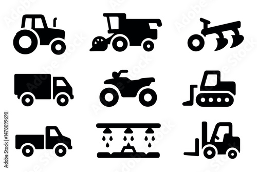 Farm machinery icons set, solid silhouette, professional and modern for web and app ui