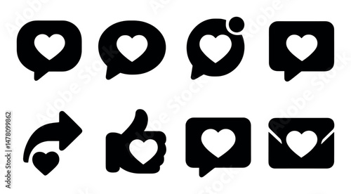 Heart love icons: messages, likes, shares, favorites, engagement symbols
