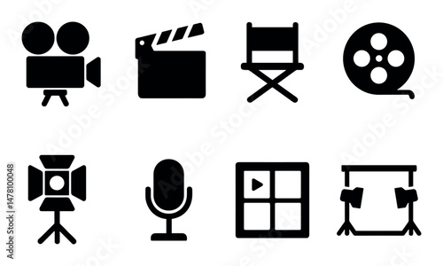 Movie and video production icons set, solid, professional for web