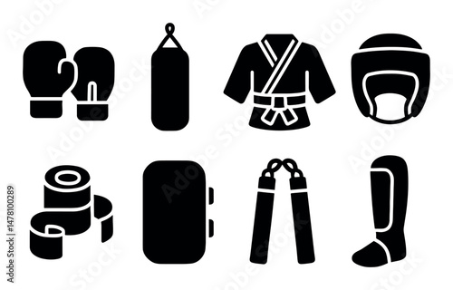 Boxing and martial arts equipment icons: gloves, punching bag, gi, headgear, wraps