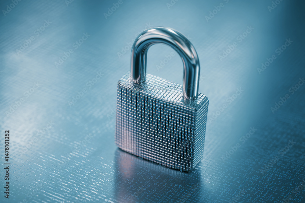 Fototapeta premium Close-up of metallic padlock on a blue background with binary code, symbolizing data security and digital protection