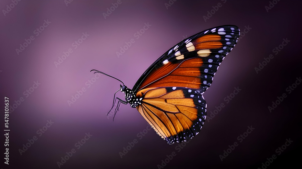 Fototapeta premium A monarch butterfly, orange and black wings, hovering against a deep purple background, close-up view of delicate features