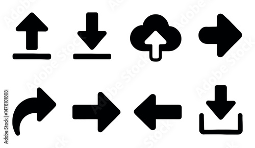 Arrow icons set – solid, silhouette, isolated directional and navigation symbols