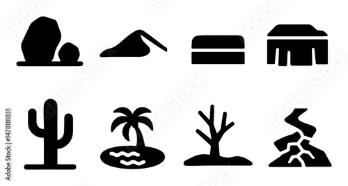 Black silhouette desert icons: cactus, oasis, sand dune, rocks, cracked earth