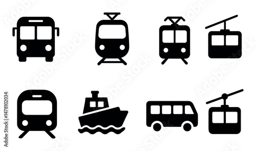 Transport icons: bus, train, tram, cable car, boat in silhouette style