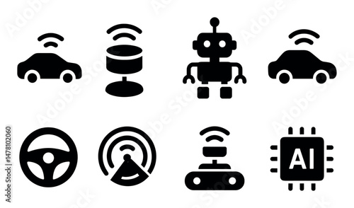 Autonomous technology icons set – solid, filled, silhouette, ai and robotics symbols