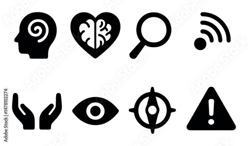 Mind and technology icons: brain, search, wifi, attention, hands, eye