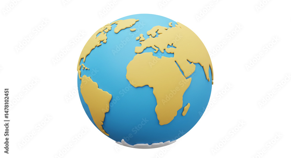 Fototapeta premium Stylized 3D Earth globe continents in gold blue oceans simple white background