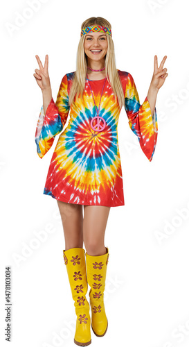 Smiling woman in 60s, 70s hippie costume with tie-dye dress, yellow boots, headband and peace symbol, making peace sign. PNG transparent background