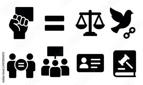Set of icons representing equality, justice, and civil rights themes