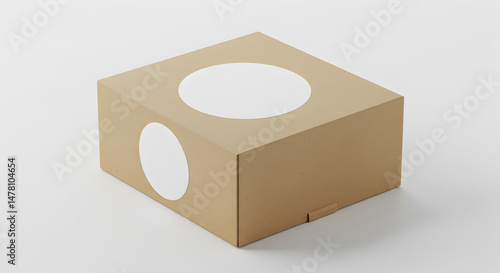 A square cardboard box with two white circular stickers on a plain white background surface view