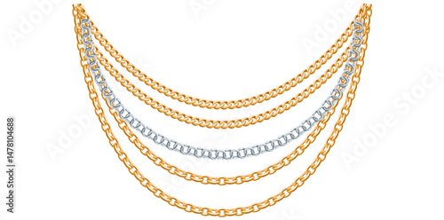 Multilayer Gold And Silver Chains Necklace On White Background, Unique Fine Jewelry Vector Illustration.	