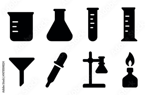 Science and lab equipment icons set – solid, silhouette, isolated chemistry tools