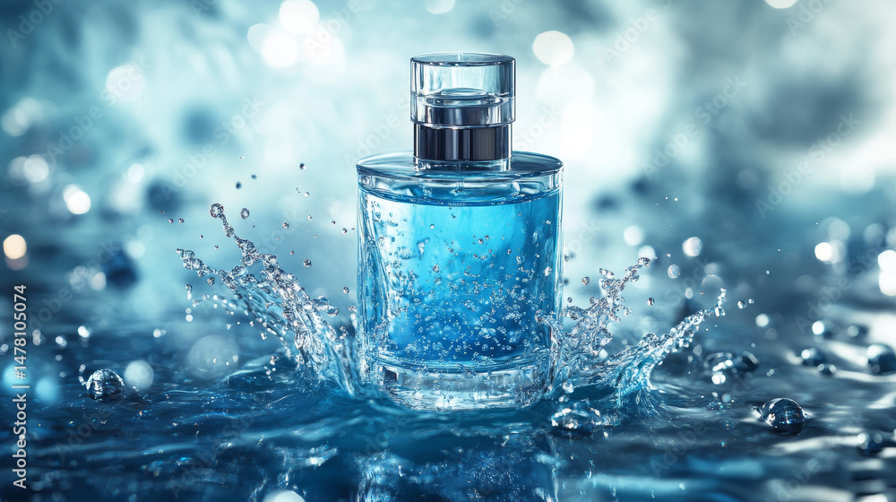 Advertising image of a fragrance bottle with water effects, droplets, and liquid splashes on a glossy blue surface Advertising image of a fragrance bottle with water effects, droplets, and liquid splashes on a glossy blue surface